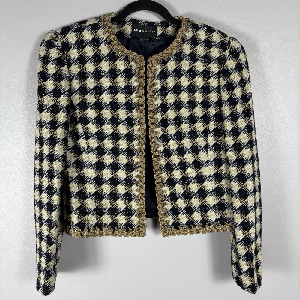 Theo Miles Women's 6 Black Gold Metallic Houndstooth Wool Blend Tweed Jacket